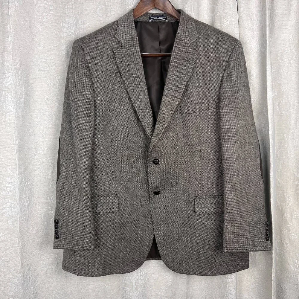 Stafford Signature wool blend tweed 2-button blazer elbow patch brown sport coat